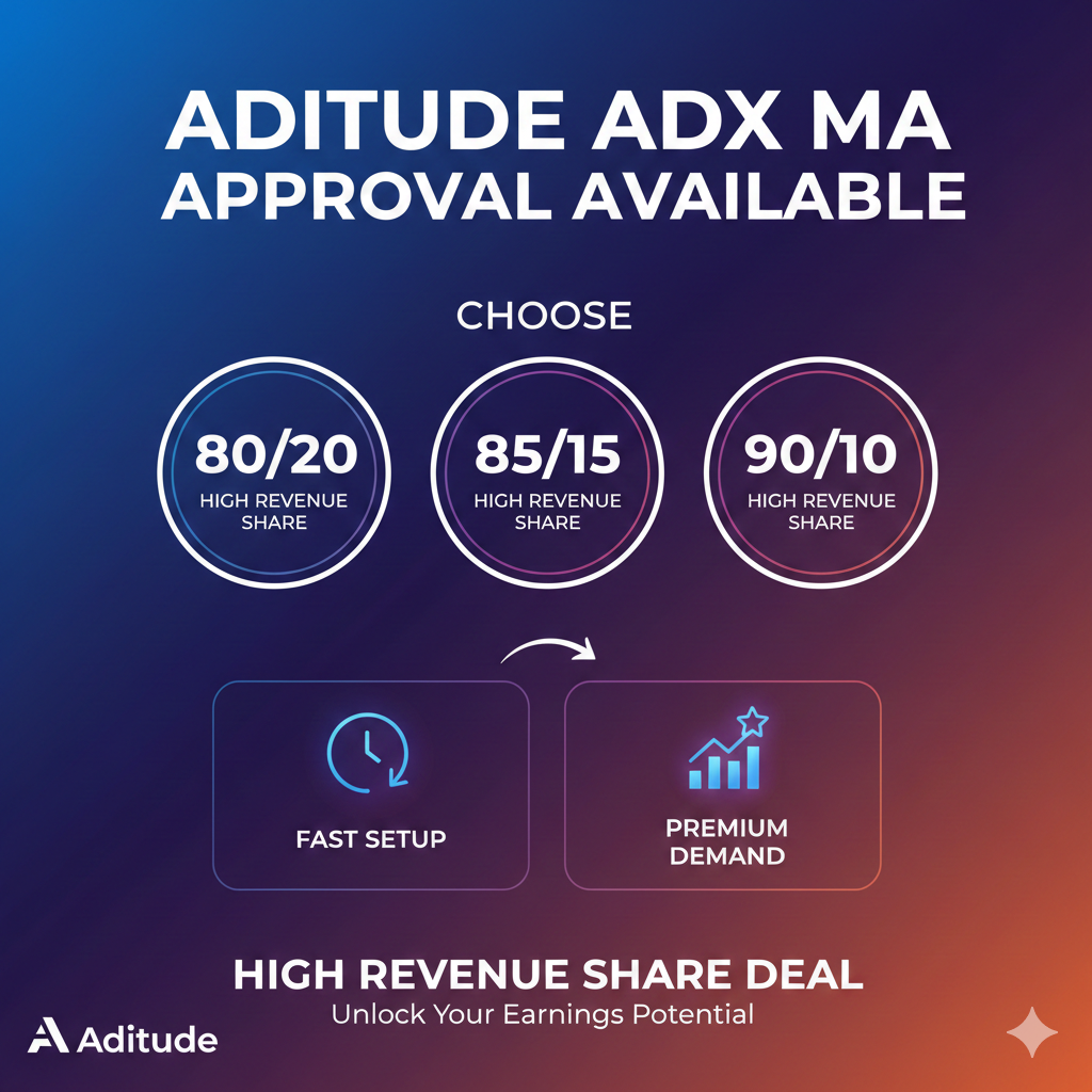 Aditude ADX MA Approval Available – Choose 80/20, 85/15 or 90/10 High Revenue Share Deal, Fast Setup & Premium Demand